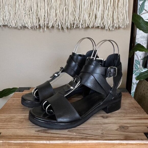 Surface to Air Black Leather Double Ankle Wrap Silver Buckle Block Heel Sandal - Picture 1 of 15